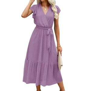 FASHION Midi Tiered Swiss Dot Dress Lilac Lavender Purple Faux Wrap Work NO BELT